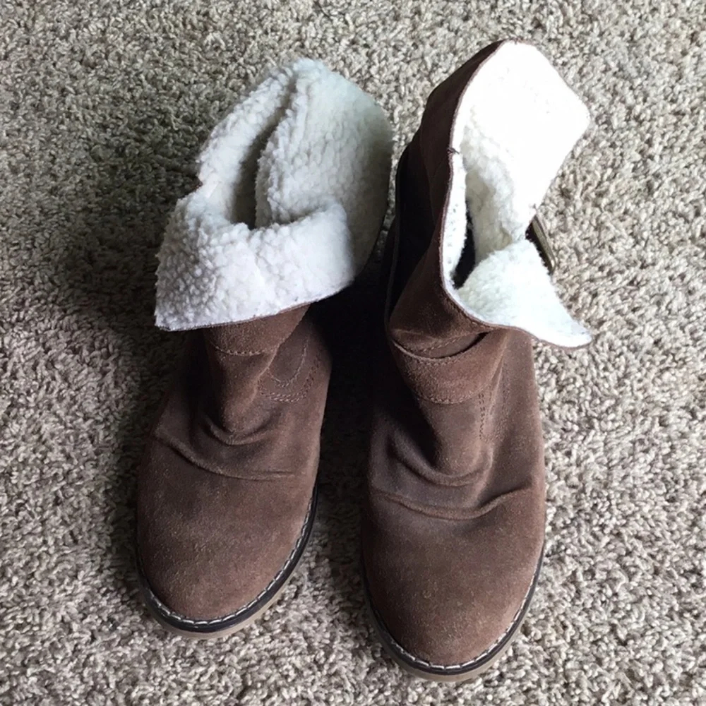 MIA Suede Ankle Boot Size 8 Light Brown Boho Sherpa Lined Fold Over